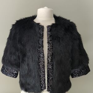 Donna Salyers' Fabulous Fur. Elegant Black Faux Fur Short Sleeve Sequined Jacket